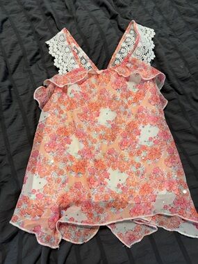Floral Pink Orange Lace-Trim Tank Top